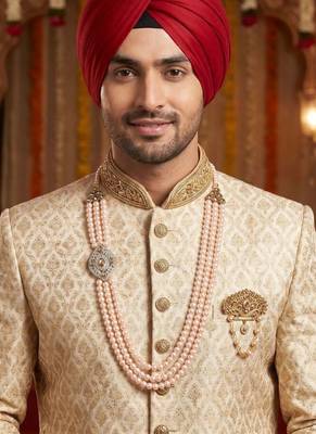   groom sherwani necklace moti mala layered for wedding | groom mala with brooch set 6