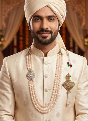   groom sherwani necklace moti mala layered for wedding | groom mala with brooch set 6