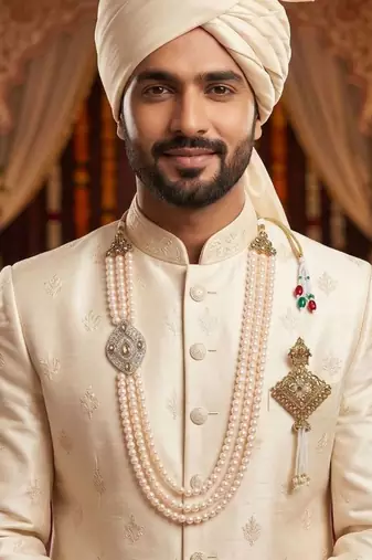   groom sherwani necklace moti mala layered for wedding | groom mala with brooch set