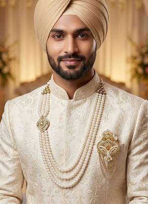   groom sherwani necklace layered moti mala for wedding | groom mala with brooch set 6