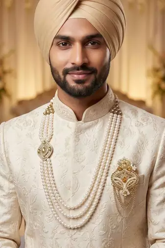   groom sherwani necklace layered moti mala for wedding | groom mala with brooch set