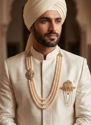   groom sherwani necklace moti mala layered for wedding | groom mala with brooch set 6