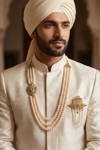   groom sherwani necklace moti mala layered for wedding | groom mala with brooch set