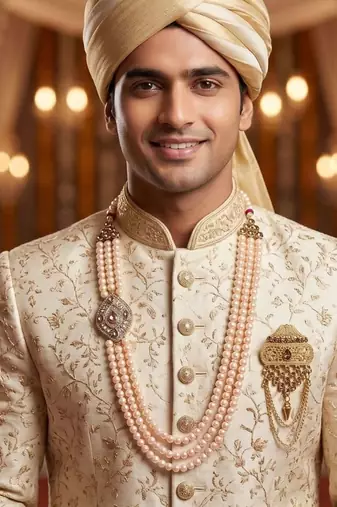   groom sherwani necklace moti mala layered for wedding | groom mala with brooch set
