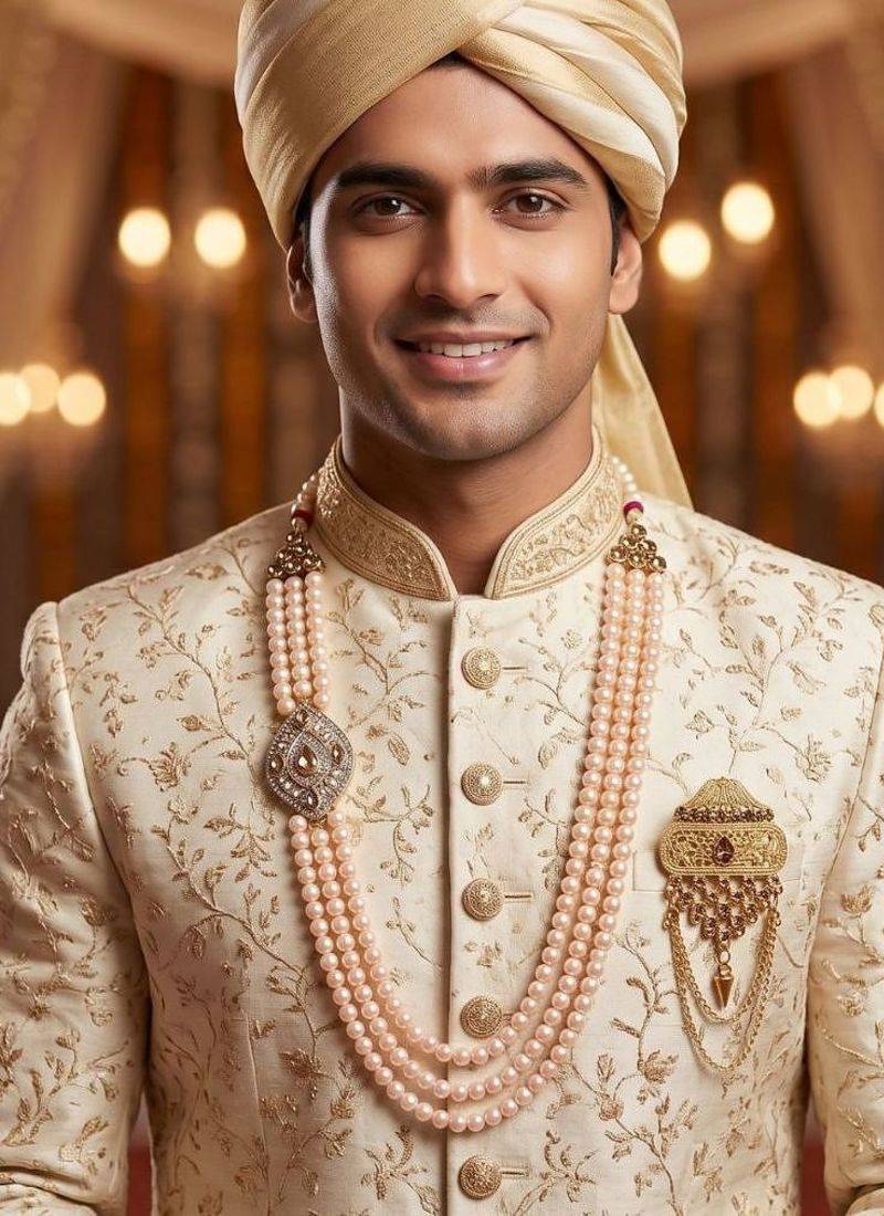   groom sherwani necklace moti mala layered for wedding | groom mala with brooch set