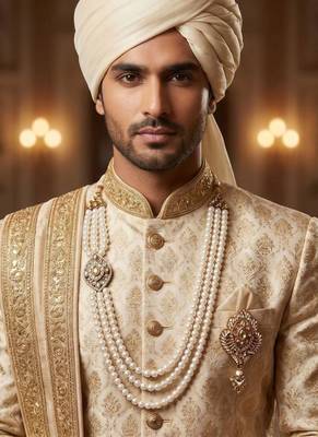   groom sherwani necklace layered moti mala for wedding | groom mala with brooch set 6