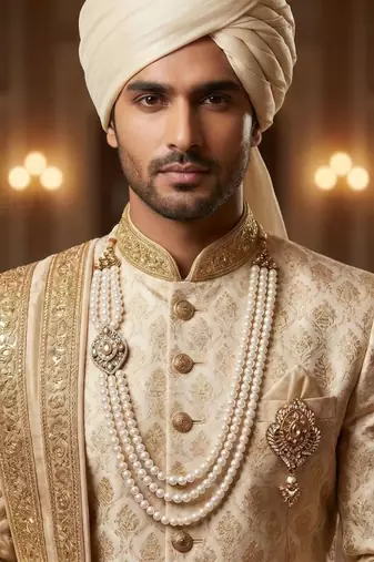   groom sherwani necklace layered moti mala for wedding | groom mala with brooch set