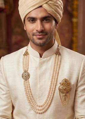   groom sherwani necklace moti mala layered for wedding | groom mala with brooch set 6