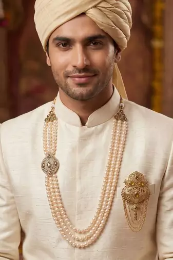   groom sherwani necklace moti mala layered for wedding | groom mala with brooch set