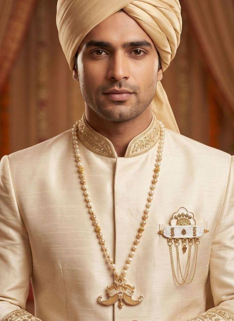   groom sherwani necklace layered moti mala for wedding | groom mala with brooch set