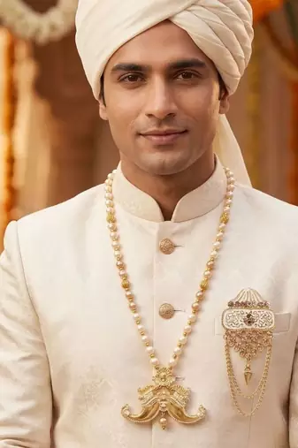   groom sherwani necklace layered moti mala for wedding | groom mala with brooch set