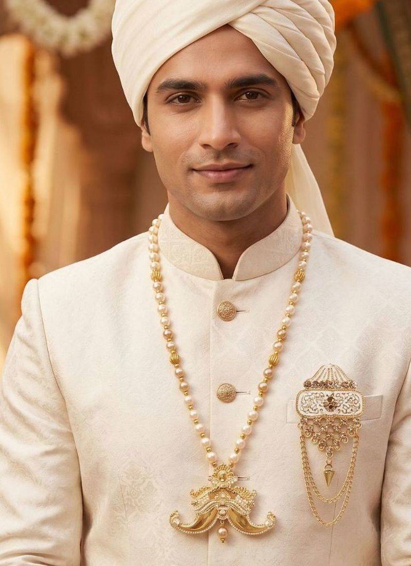   groom sherwani necklace layered moti mala for wedding | groom mala with brooch set