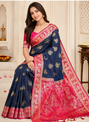 Neavy Blue-Red Color georgettete Saree With Blouse 1