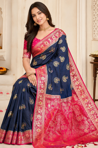 Neavy Blue-Red Color Georgette Saree With Blouse
