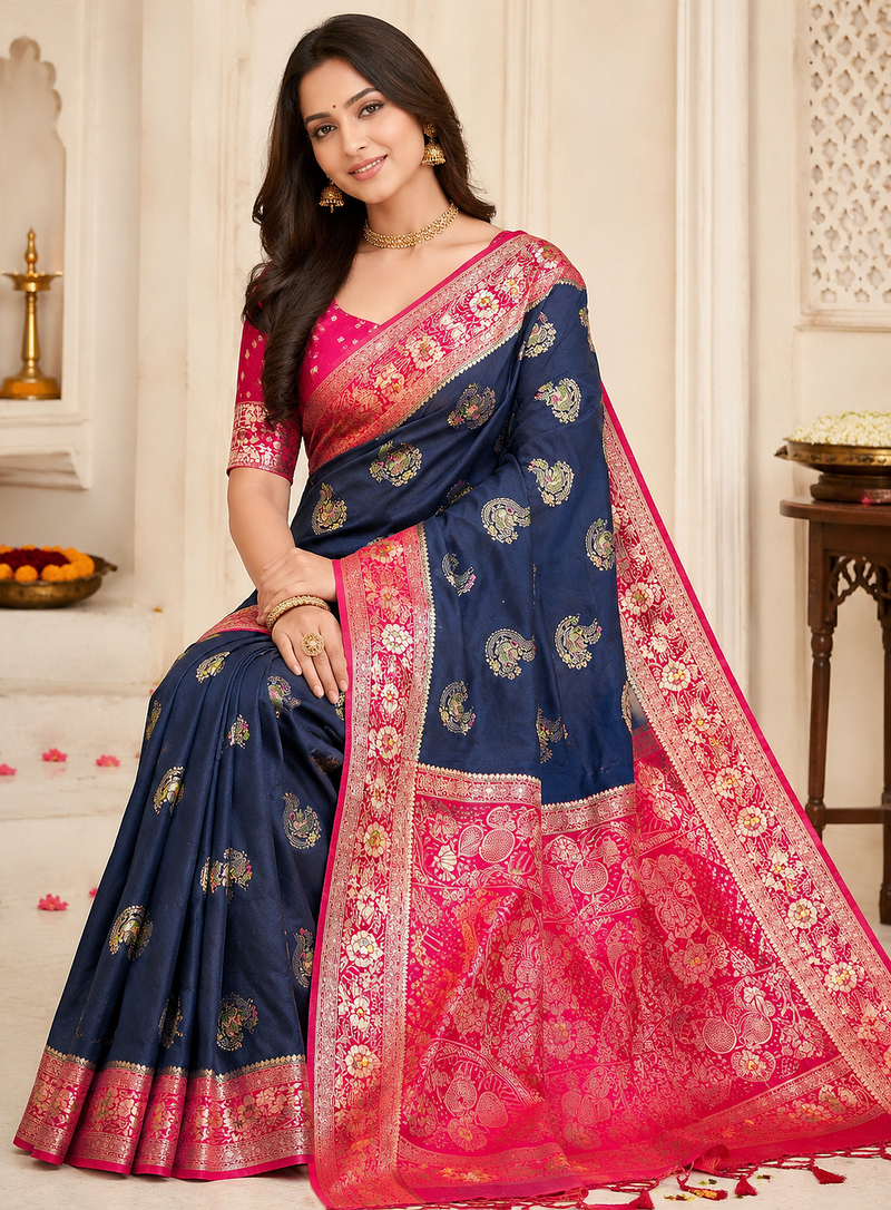 Neavy Blue-Red Color Georgette Saree With Blouse