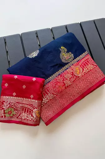 Neavy Blue-Red Color Georgette Saree With Blouse