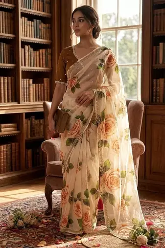 Off White Color floral prints And Hand Khatli Work Silk Blend Saree 