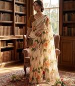 Off White Color floral prints And Hand Khatli Work Silk Blend Saree 