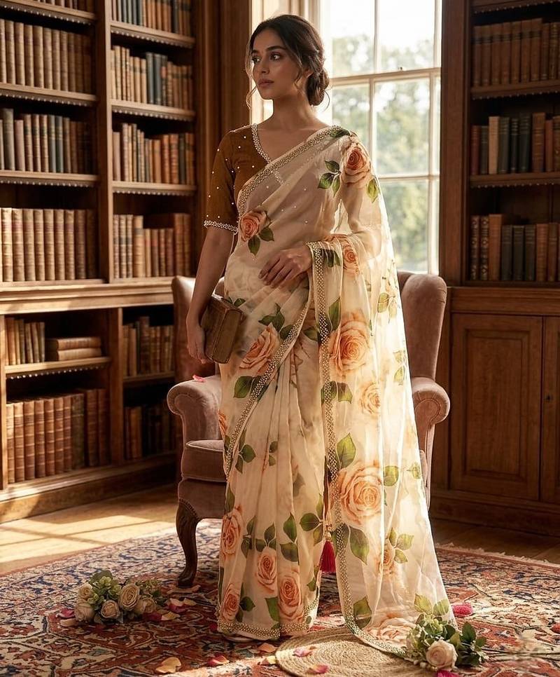Off White Color floral prints And Hand Khatli Work Silk Blend Saree 