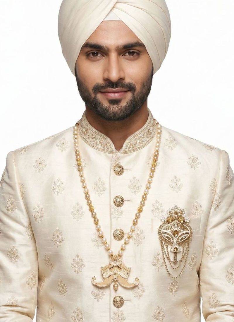 	  groom sherwani necklace layered moti mala for wedding | groom mala with brooch set	