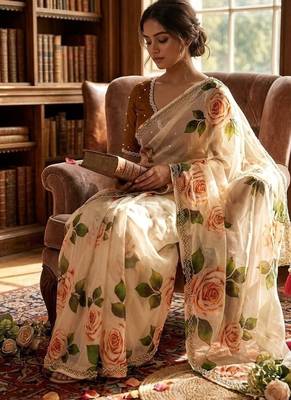 Off White Color floral prints And Hand Khatli Work Silk Blend Saree  2