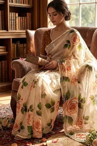 Off White Color floral prints And Hand Khatli Work Silk Blend Saree 