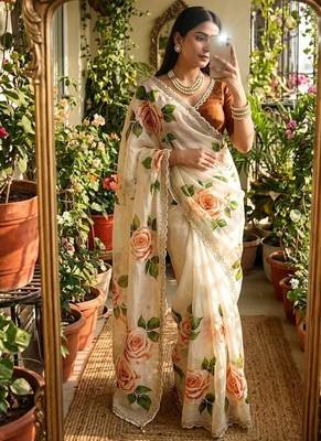 Off White Color floral prints And Hand Khatli Work Silk Blend Saree  3