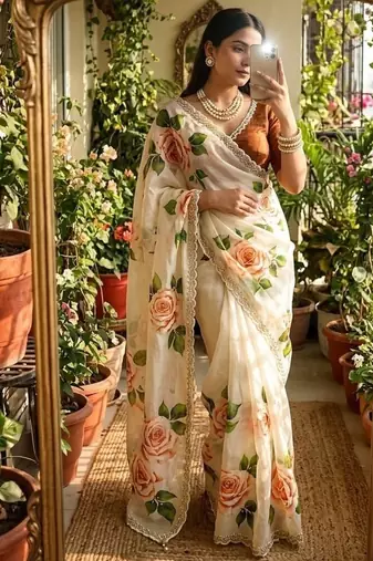 Off White Color floral prints And Hand Khatli Work Silk Blend Saree 