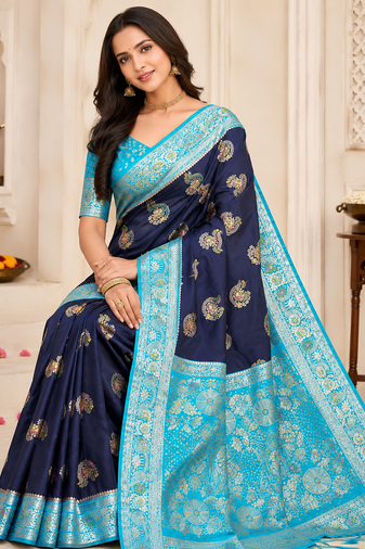 Neavy Blue-Sky Color Georgette Saree With Blouse
