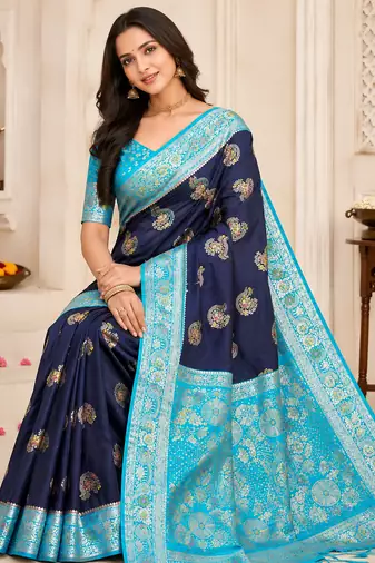 Neavy Blue-Sky Color Georgette Saree With Blouse