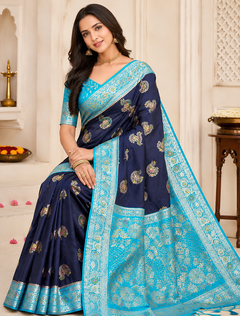 Neavy Blue-Sky Color Georgette Saree With Blouse