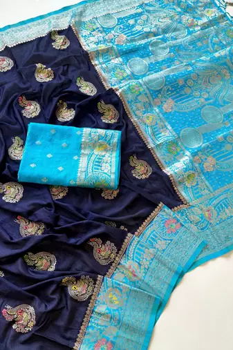 Neavy Blue-Sky Color Georgette Saree With Blouse