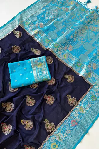 Neavy Blue-Sky Color Georgette Saree With Blouse