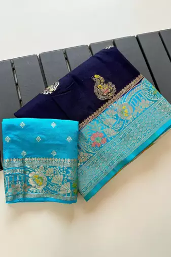 Neavy Blue-Sky Color Georgette Saree With Blouse