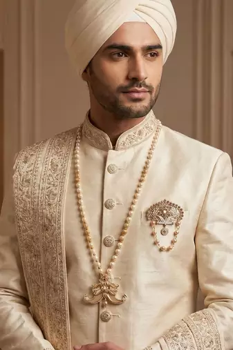   groom sherwani necklace layered moti mala for wedding | groom mala with brooch set