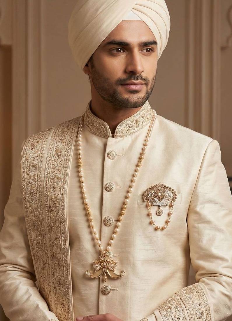   groom sherwani necklace layered moti mala for wedding | groom mala with brooch set
