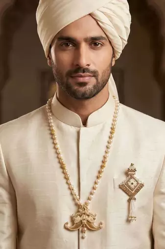   groom sherwani necklace layered moti mala for wedding | groom mala with brooch set