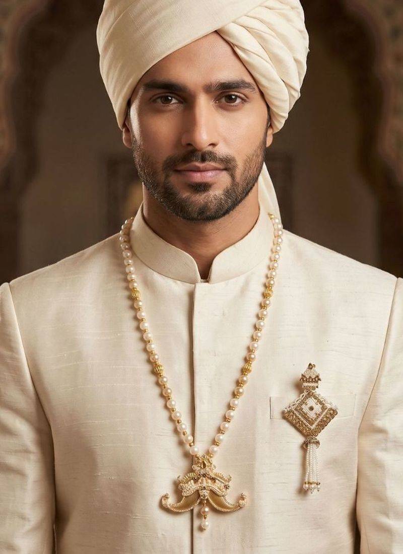   groom sherwani necklace layered moti mala for wedding | groom mala with brooch set