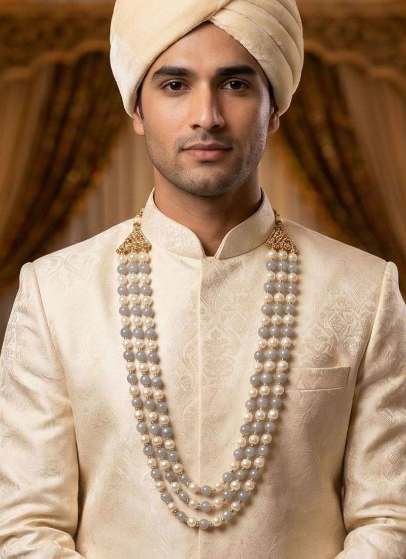   pearl beads dulha groom sherwani mala for   for wedding | layered mala | perfect for groom
