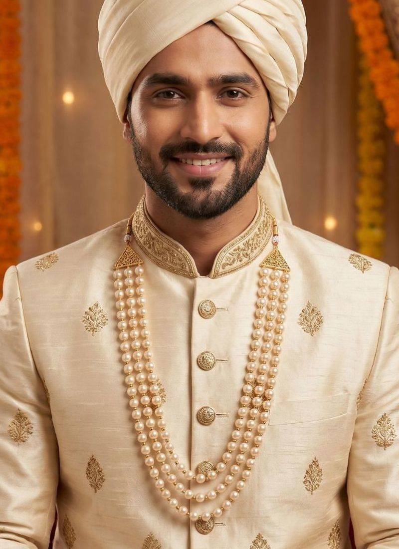   pearl beads dulha groom sherwani mala for   for wedding | layered mala | perfect for groom