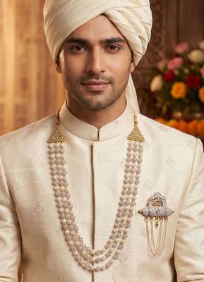   groom sherwani necklace moti mala layered for wedding | groom mala with brooch set 6