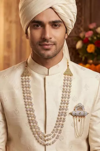   groom sherwani necklace moti mala layered for wedding | groom mala with brooch set