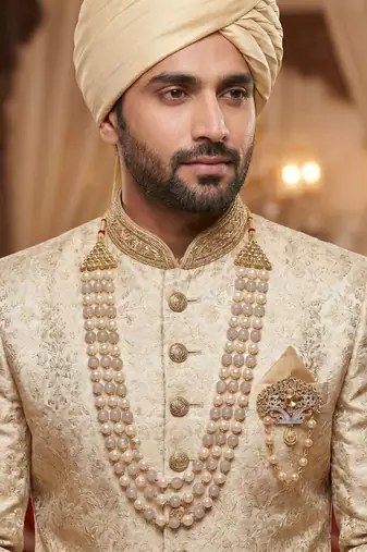   groom sherwani necklace moti mala layered for wedding | groom mala with brooch set