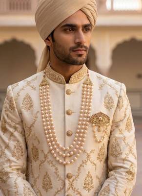   groom sherwani necklace layered moti mala for wedding | groom mala with brooch set 6