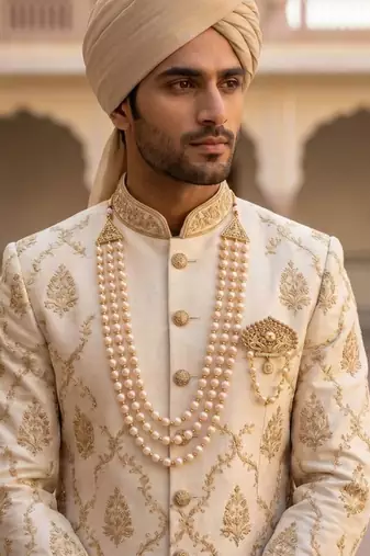   groom sherwani necklace layered moti mala for wedding | groom mala with brooch set