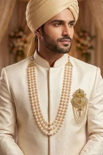   groom sherwani necklace layered moti mala for wedding | groom mala with brooch set