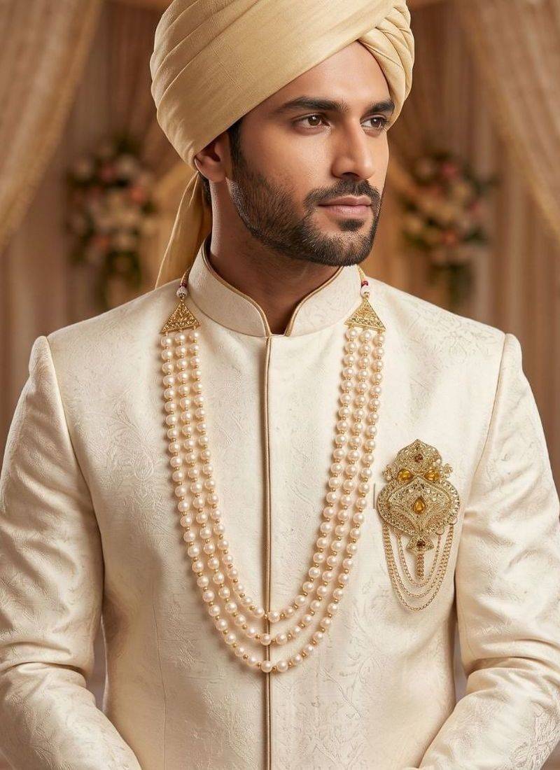   groom sherwani necklace layered moti mala for wedding | groom mala with brooch set