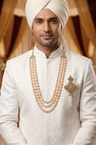   groom sherwani necklace layered moti mala for wedding | groom mala with brooch set
