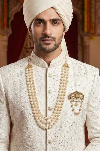   groom sherwani necklace moti mala layered for wedding | groom mala with brooch set