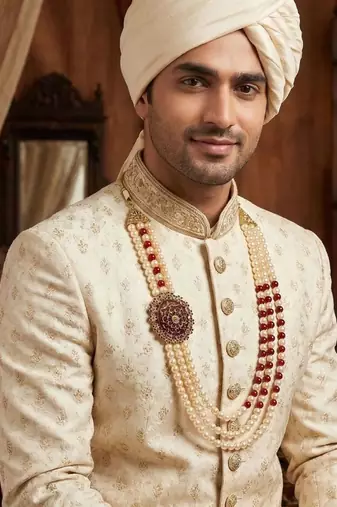   pearl beads dulha groom sherwani mala for   for wedding | layered mala | perfect for groom
